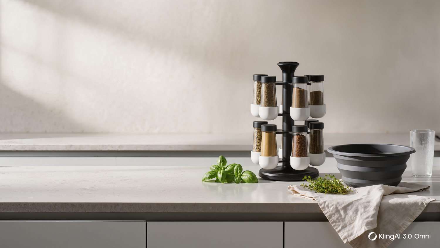 ORDÉ Kitchen Edit collection - spice carousel, colander and tumbler on a minimalist kitchen counter