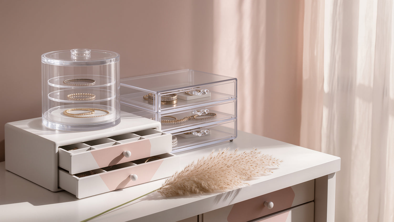 ORDÉ Home & Vanity collection - jewelry vault and organizers on a sunlit vanity