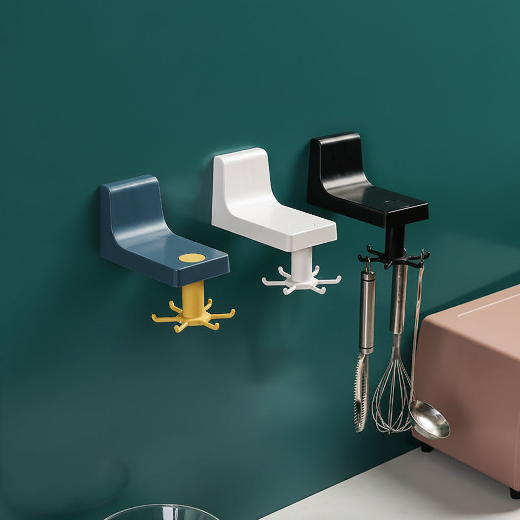 Pivo rotating utensil rack mounted on a kitchen wall