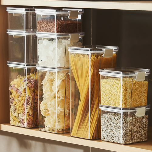 Airtight pantry storage containers on a pantry shelf
