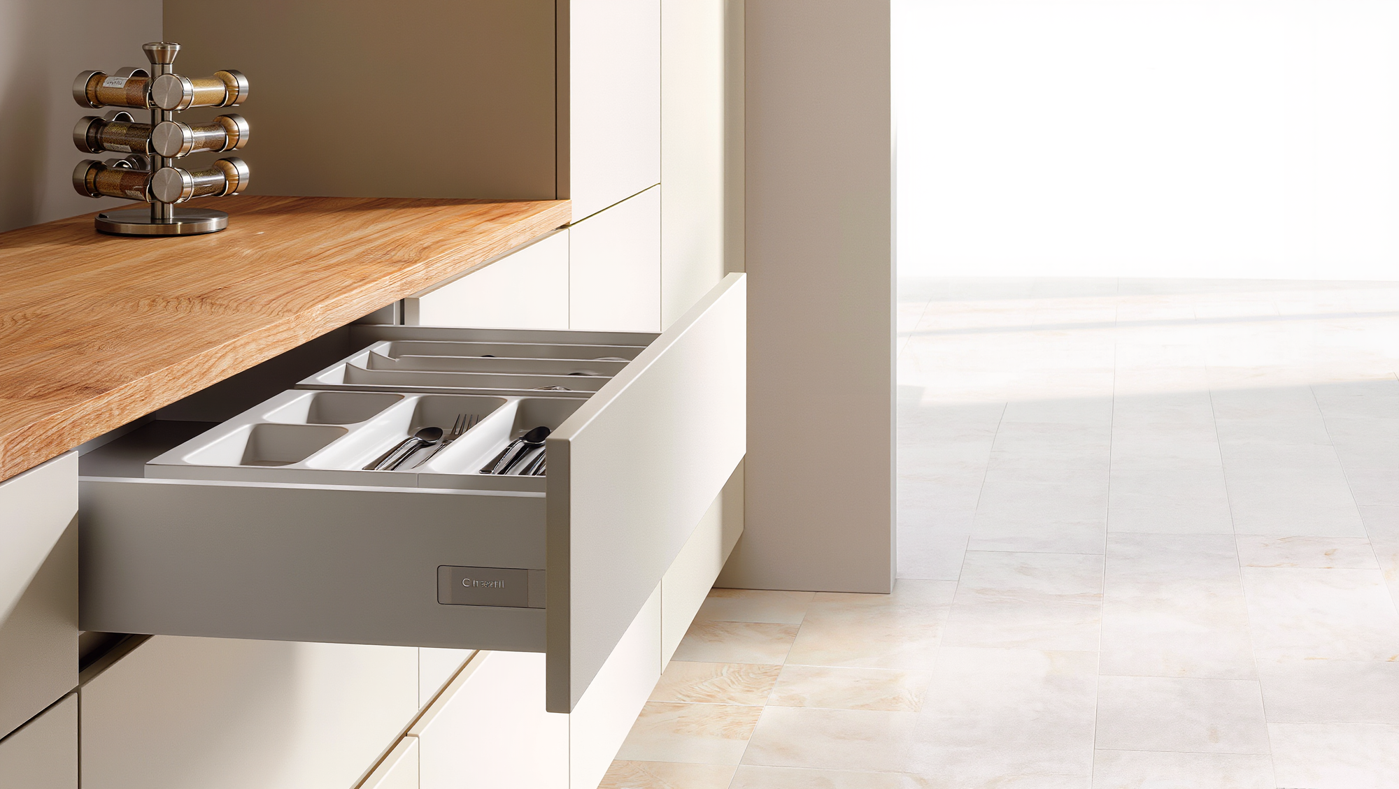 Bright minimalist kitchen with perfectly organized ORDÉ drawer trays and spice rack