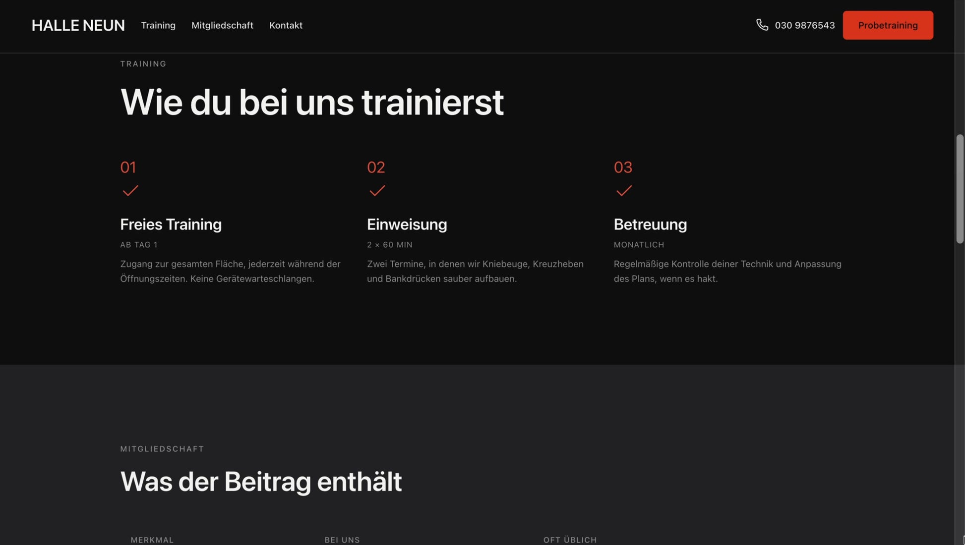 Beispiel-Website Fitnessstudio – Trainingsangebot und Betreuung