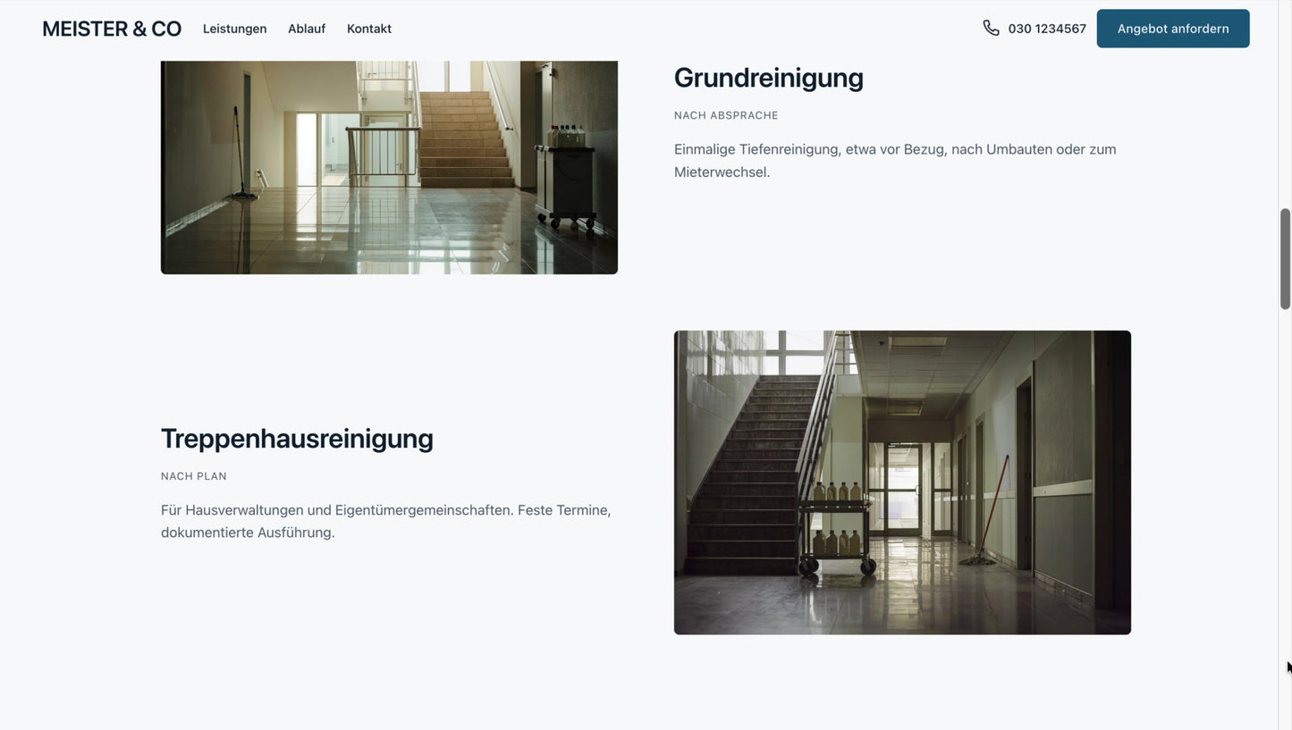 Beispiel-Website Gebäudereinigung – Leistungen und Kundenstimmen