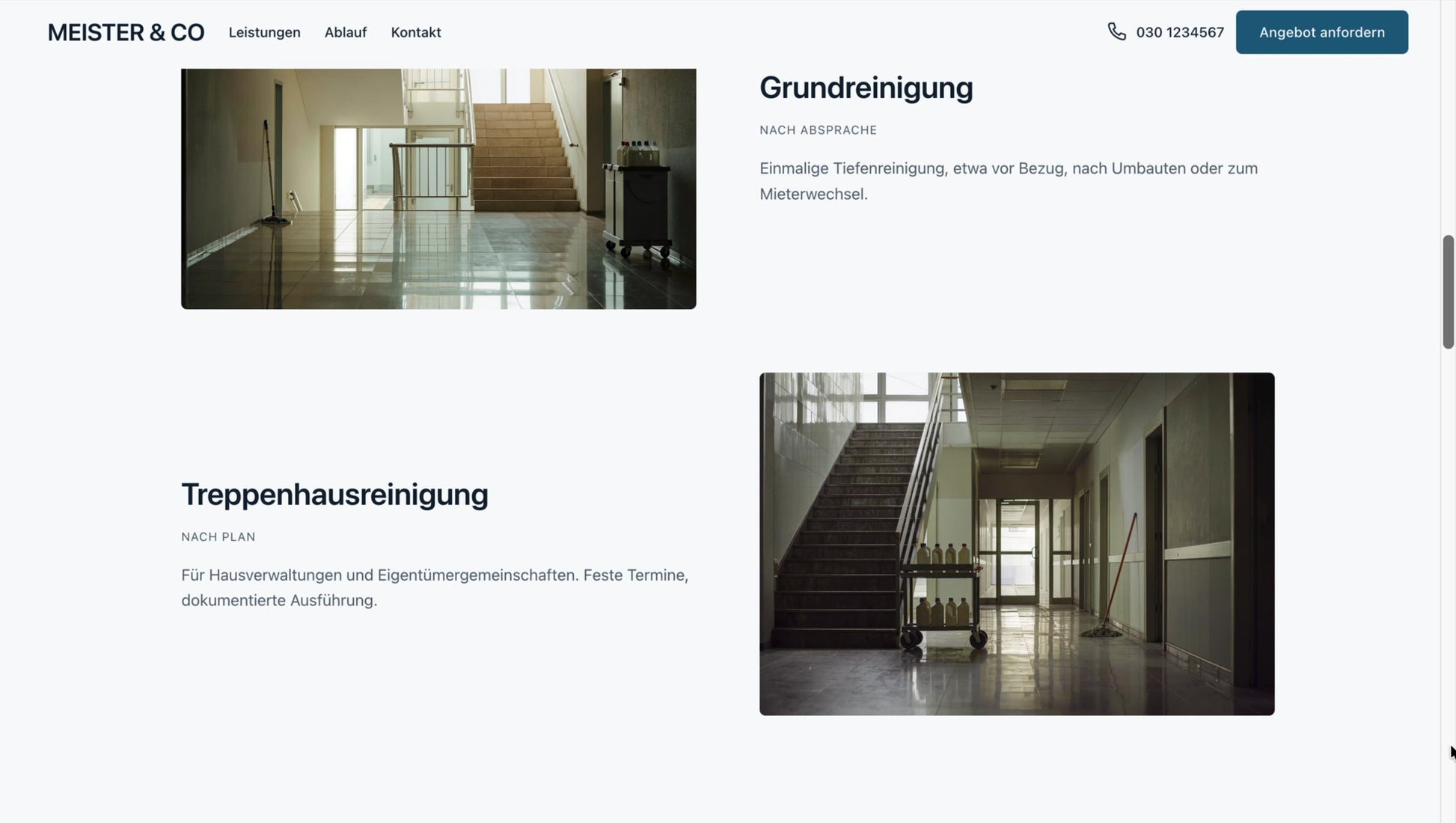 Beispiel-Website Gebäudereinigung – Leistungen und Kundenstimmen