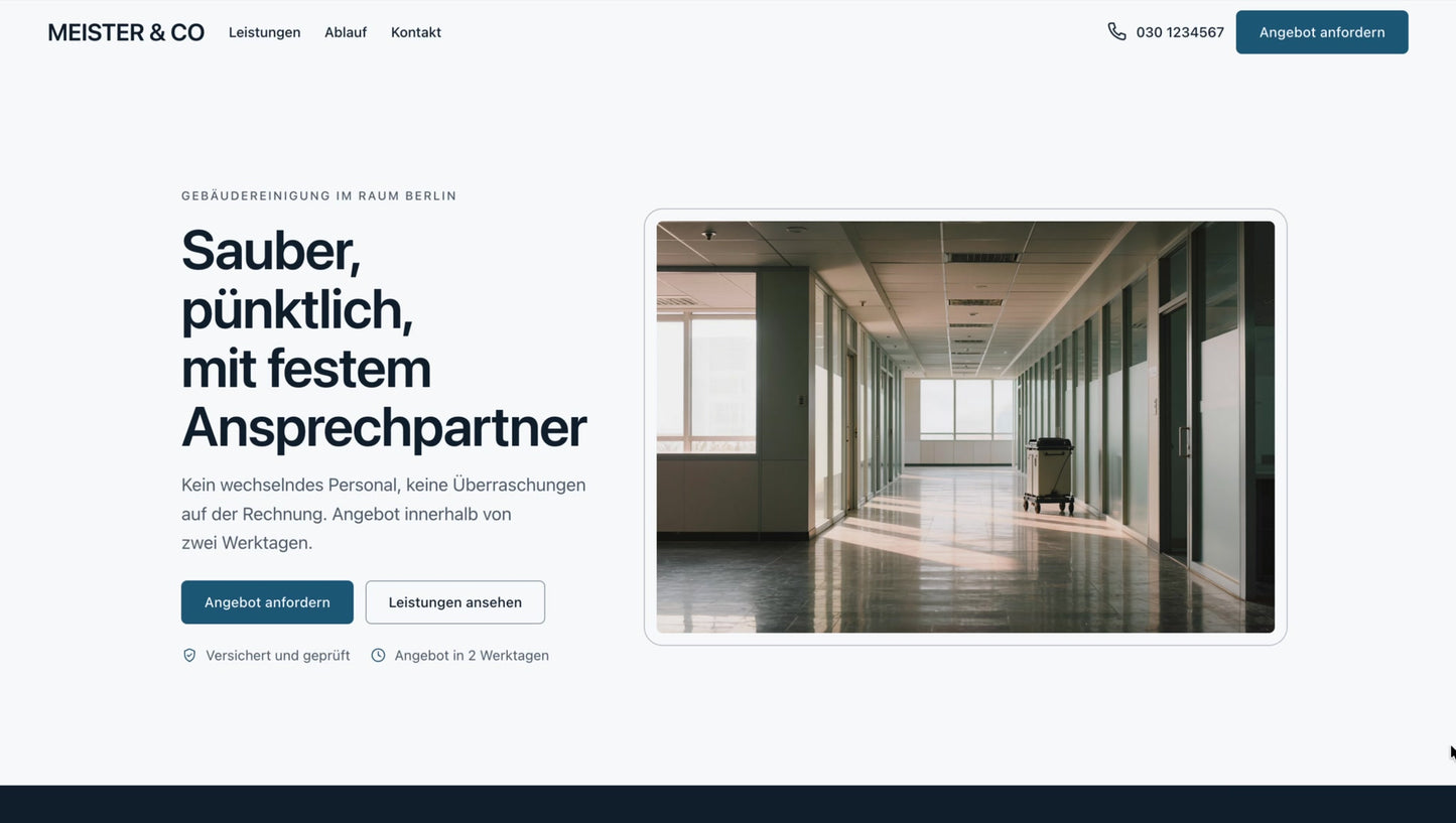 Beispiel-Website für eine Gebäudereinigung – Startseite mit Angebotsanfrage